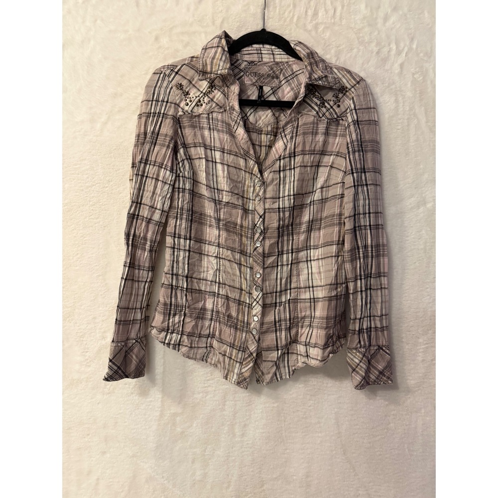 Guess Jeans Womens Medium Plaid Western Snap Button Shirt Studded Cotton